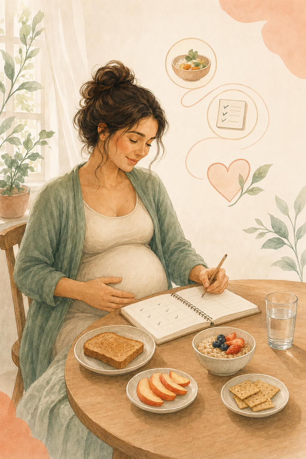 Pregnant woman calmly planning simple meals at a table