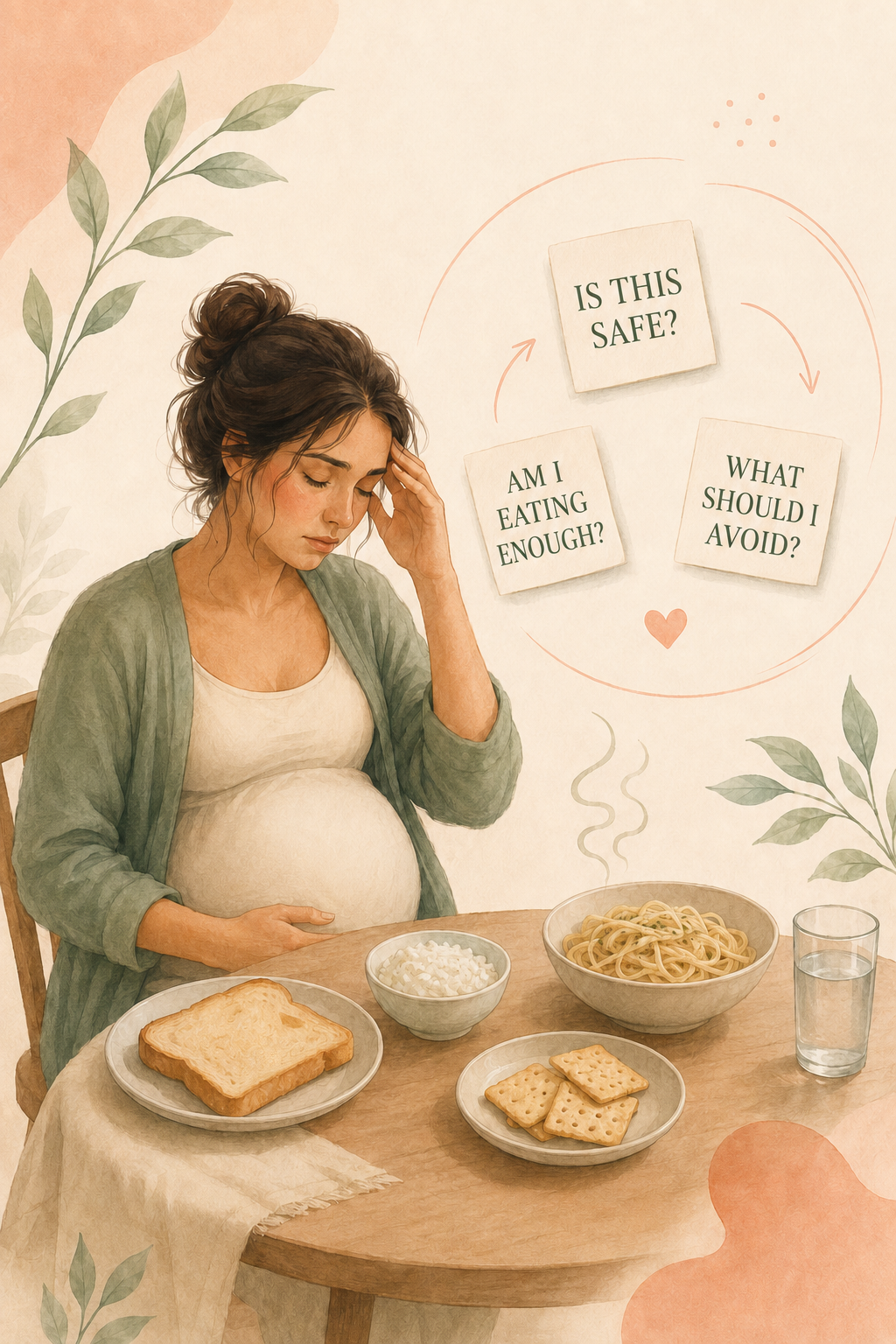 Pregnant woman feeling uncertain at a table with simple foods